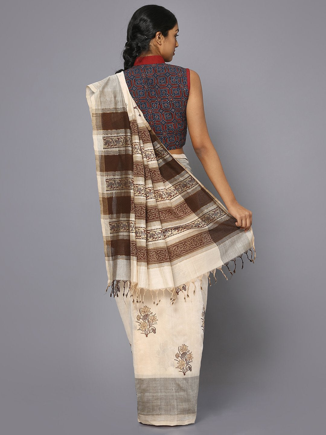 Off white & brown block print cotton saree