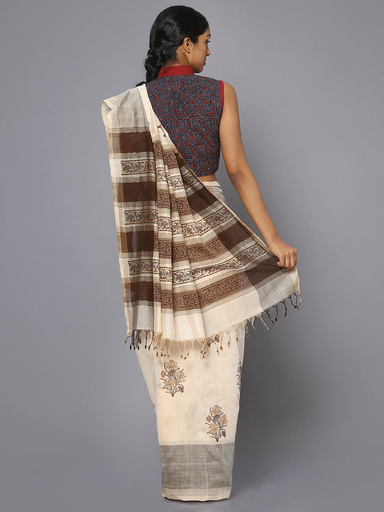 Off white & brown block print cotton saree
