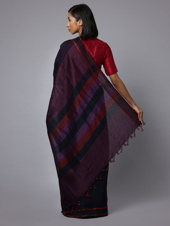 Navy blue cotton linen handloom saree