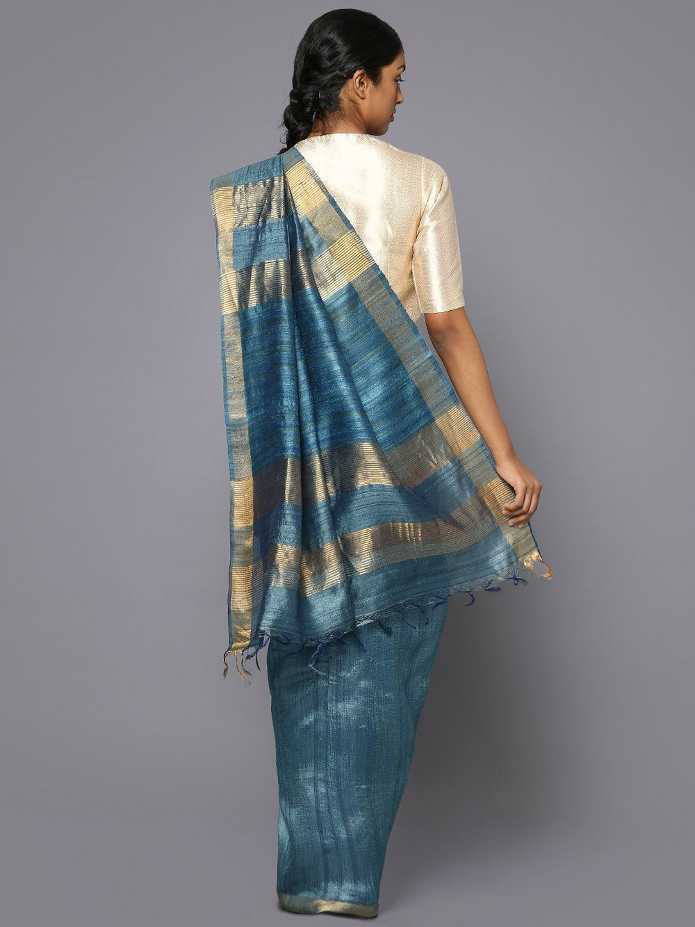 Midnight blue tussar silk saree