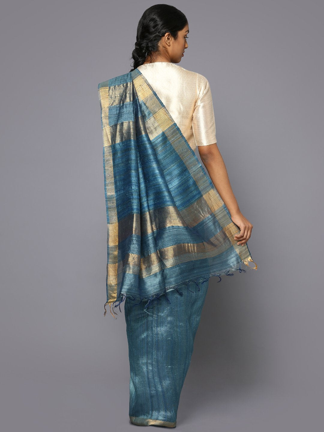 Midnight blue tussar silk saree
