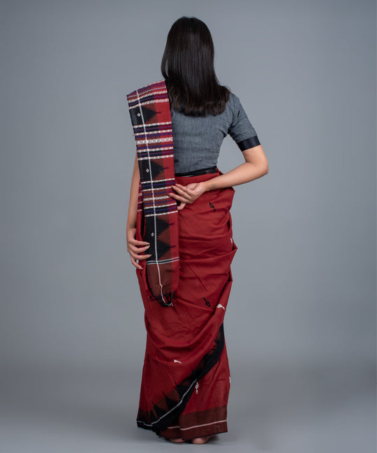 Maroon black handwoven fish motifs cotton kotpad saree