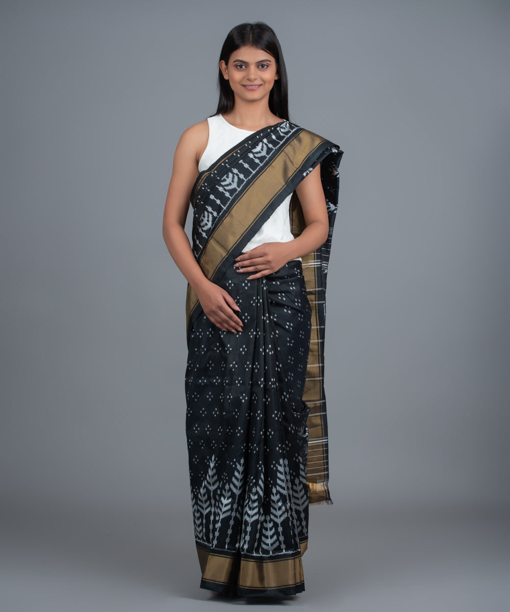 Black white handwoven pochampally ikat saree