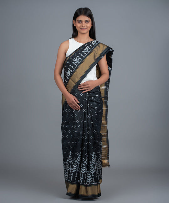 Black white handwoven pochampally ikat saree