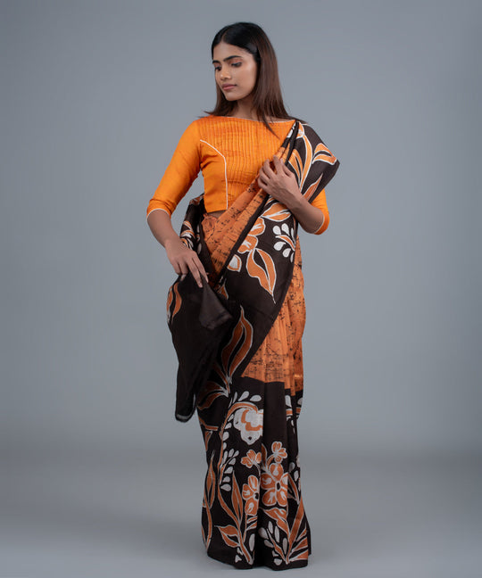 Brown black mulberry silk hand painted batik saree