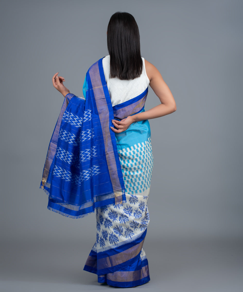 White blue handwoven pochampally ikat saree