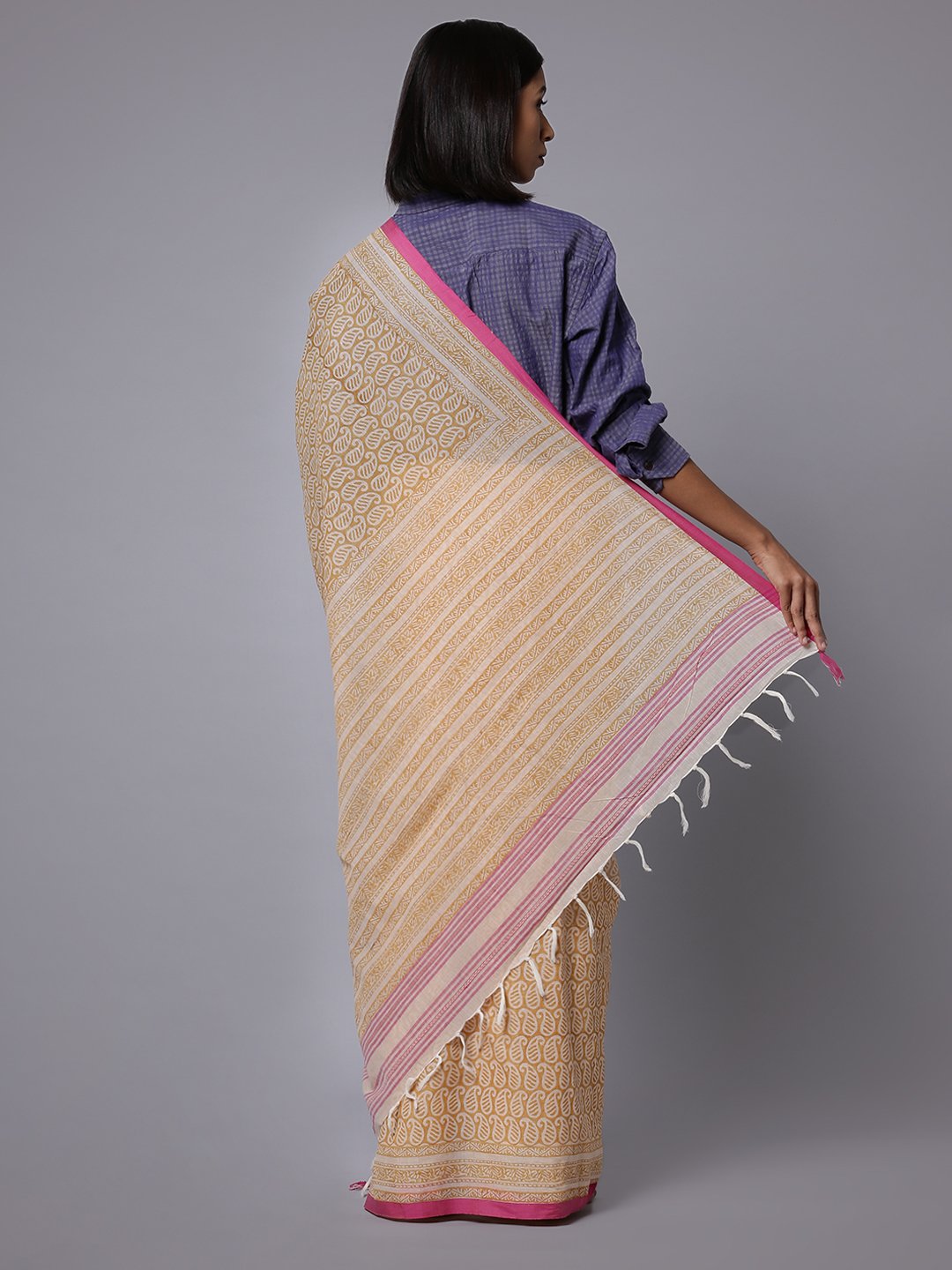 Cream brown handblock printed cotton saree
