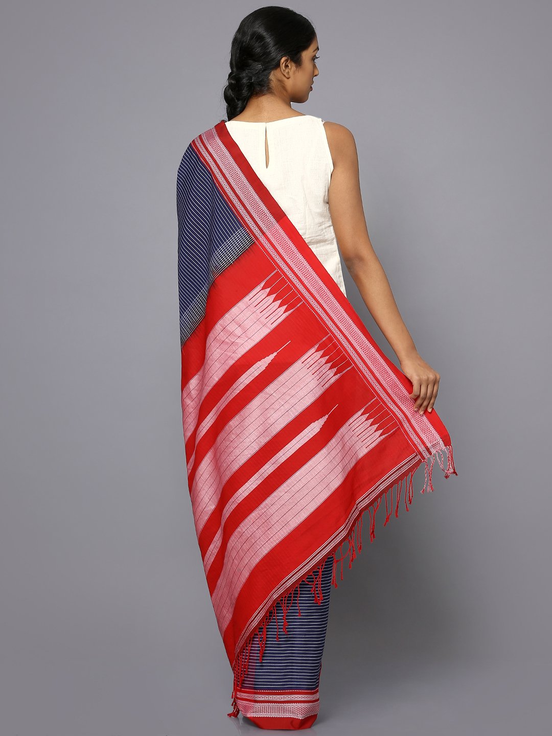 White striped blue ilkal cotton saree