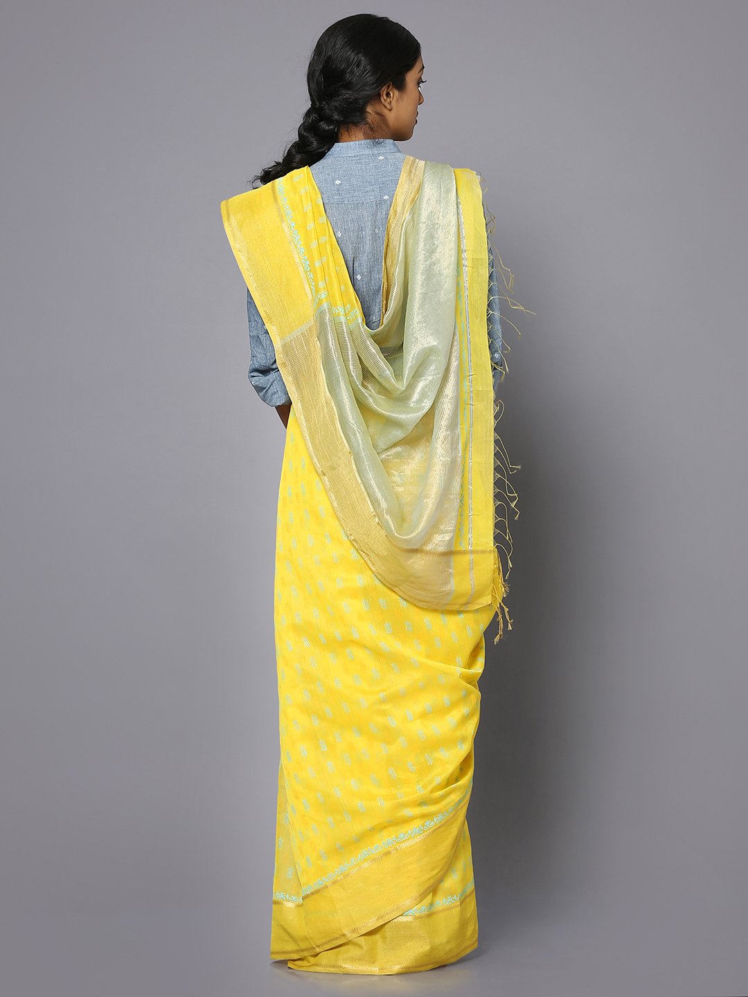 Yellow silk cotton printed maheshwari saree