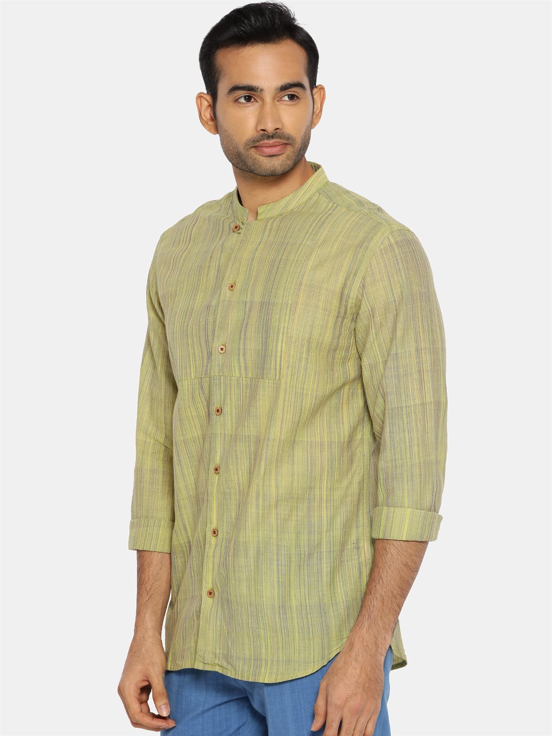 Lime green striped mandarin collared shirt