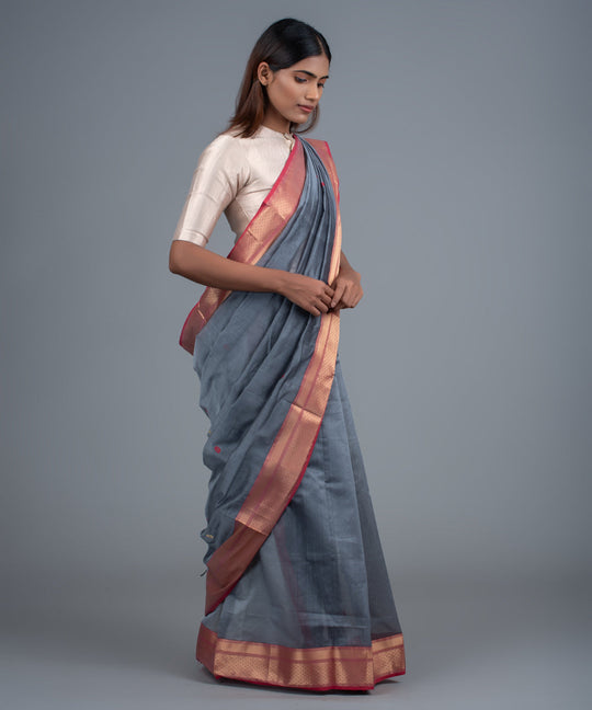 Grey red handwoven maheshwari cotton silk saree
