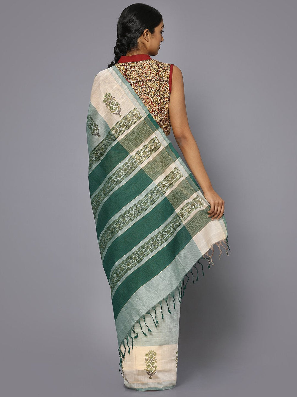 Light blue cotton block print saree