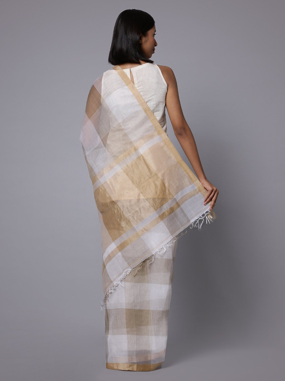 Brown white checks handloom cotton silk saree