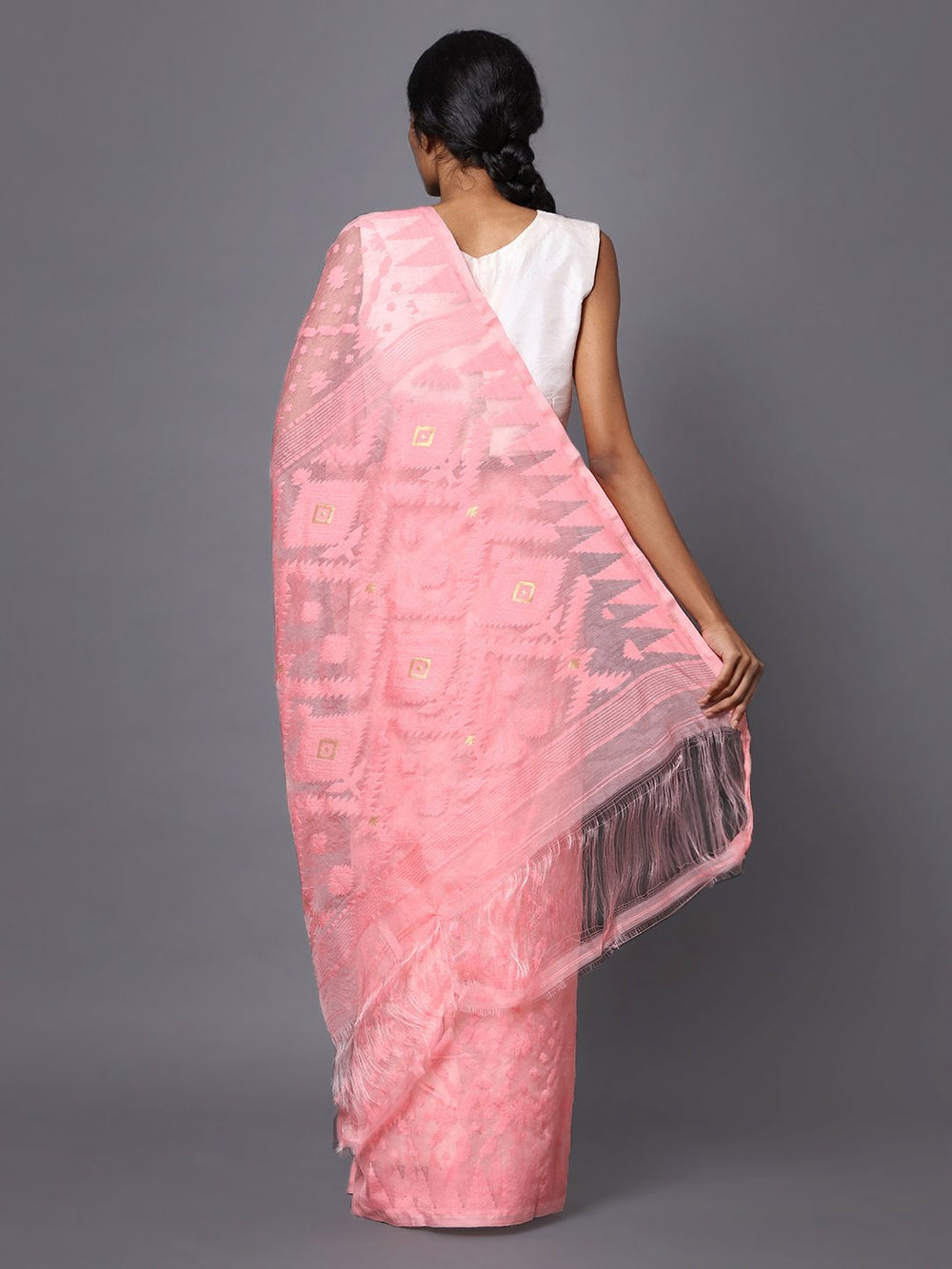 Pink handloom jamdani cotton silk saree