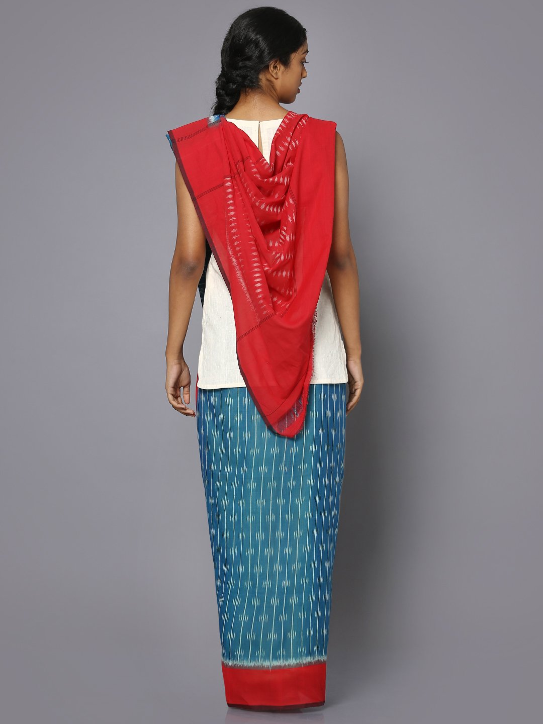 Blue & red ikat saree