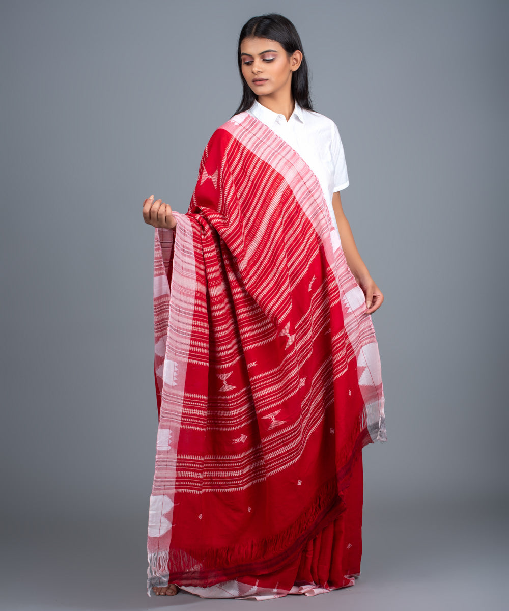 Red white handwoven cotton kotpad saree