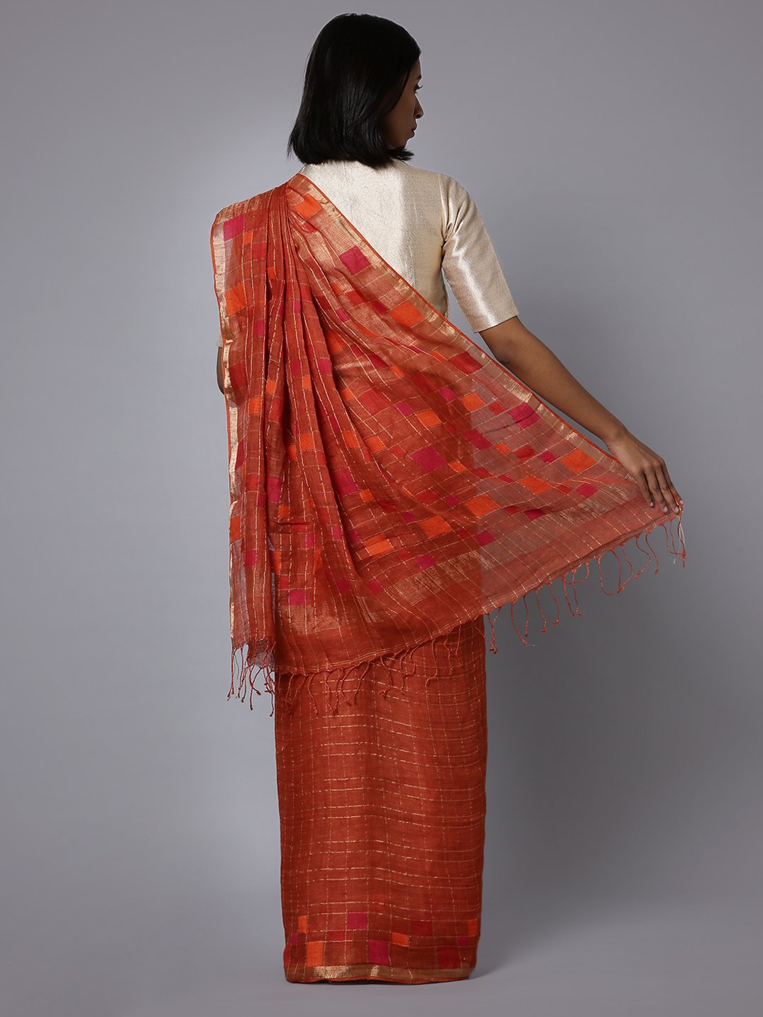 Rust brown jamdani linen handloom saree