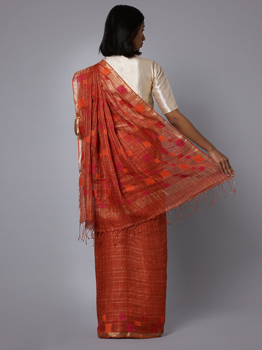 Rust brown jamdani linen handloom saree