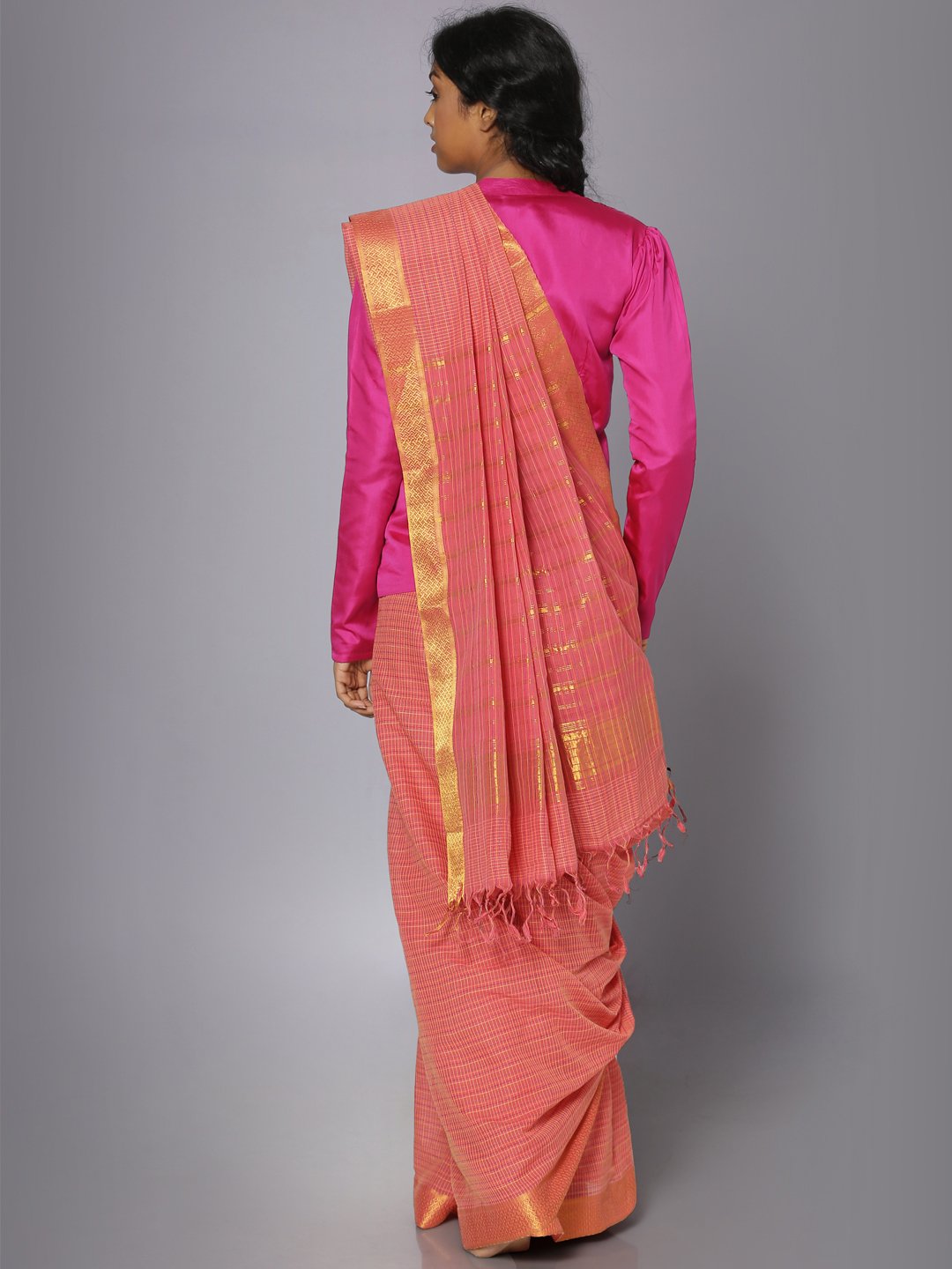 Coral pink mangalgiri cotton saree