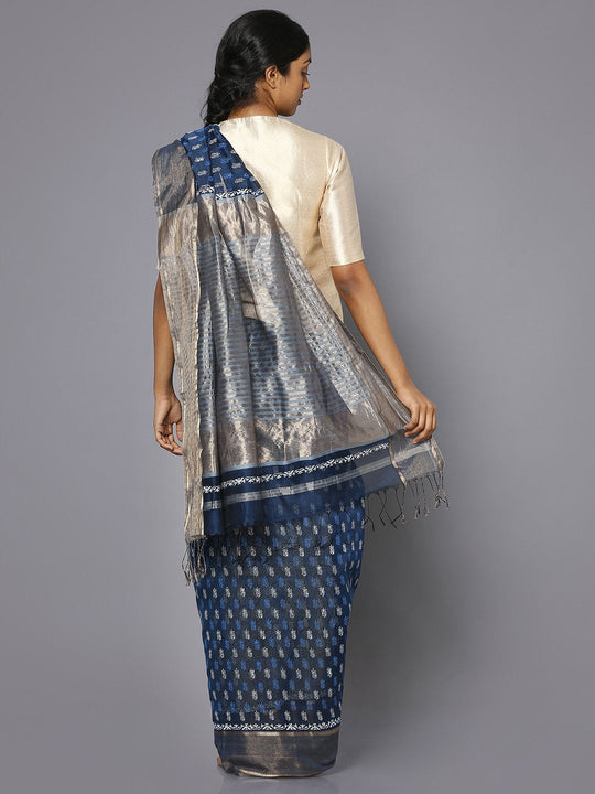 Blue silk cotton printed maheshwari saree