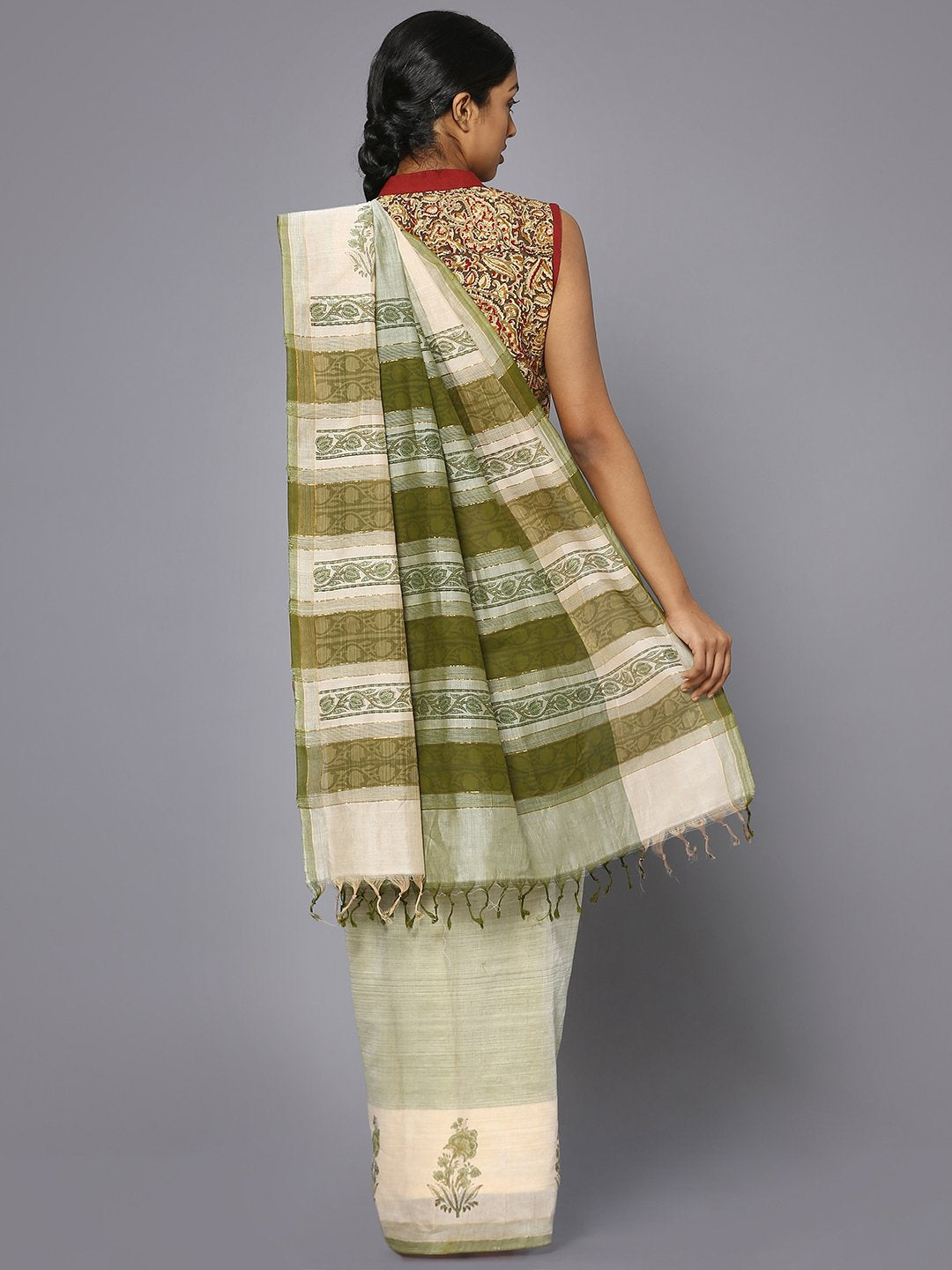 Light green block print cotton saree