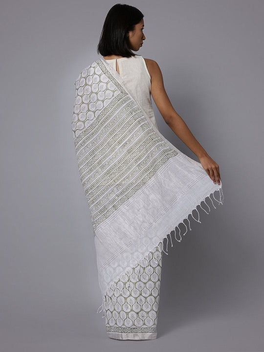 White cotton handblock print saree