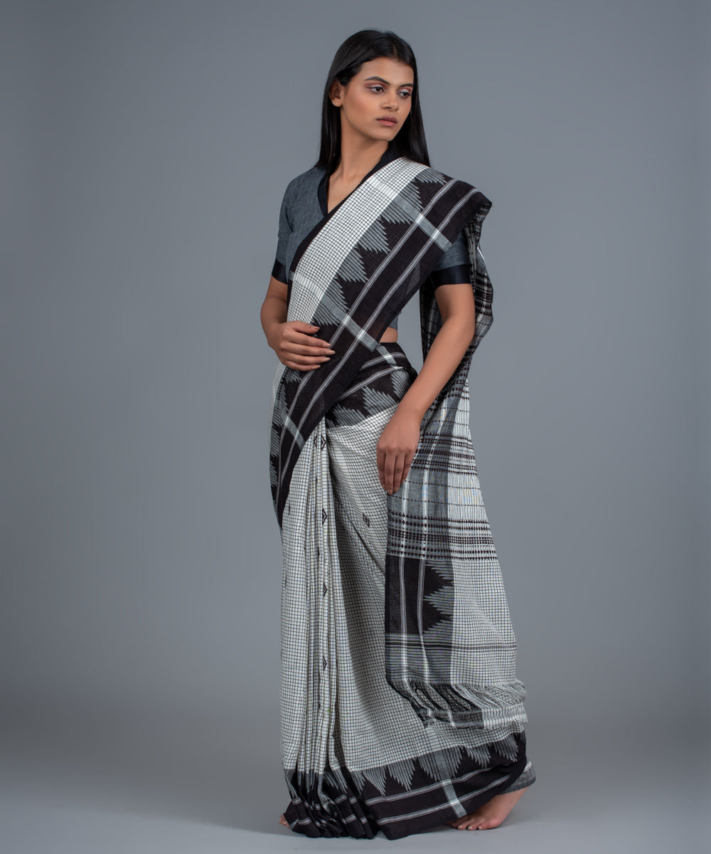 White black handwoven diamond motifs cotton kotpad saree