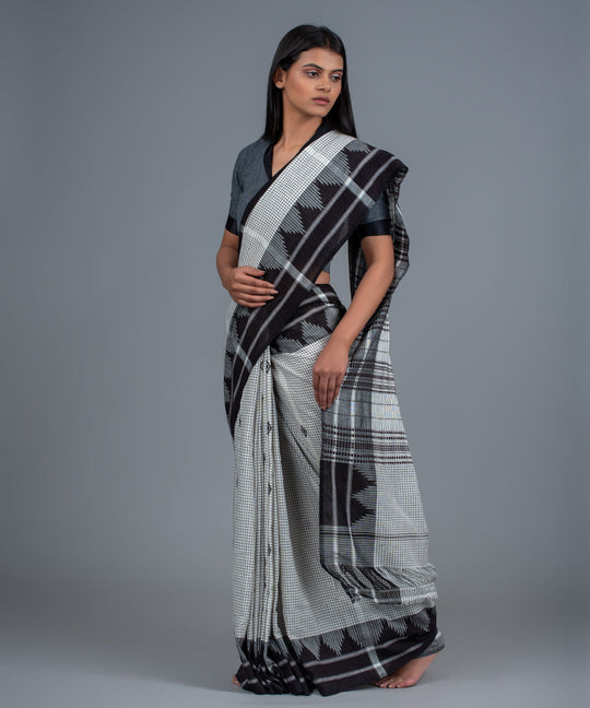 White black handwoven diamond motifs cotton kotpad saree
