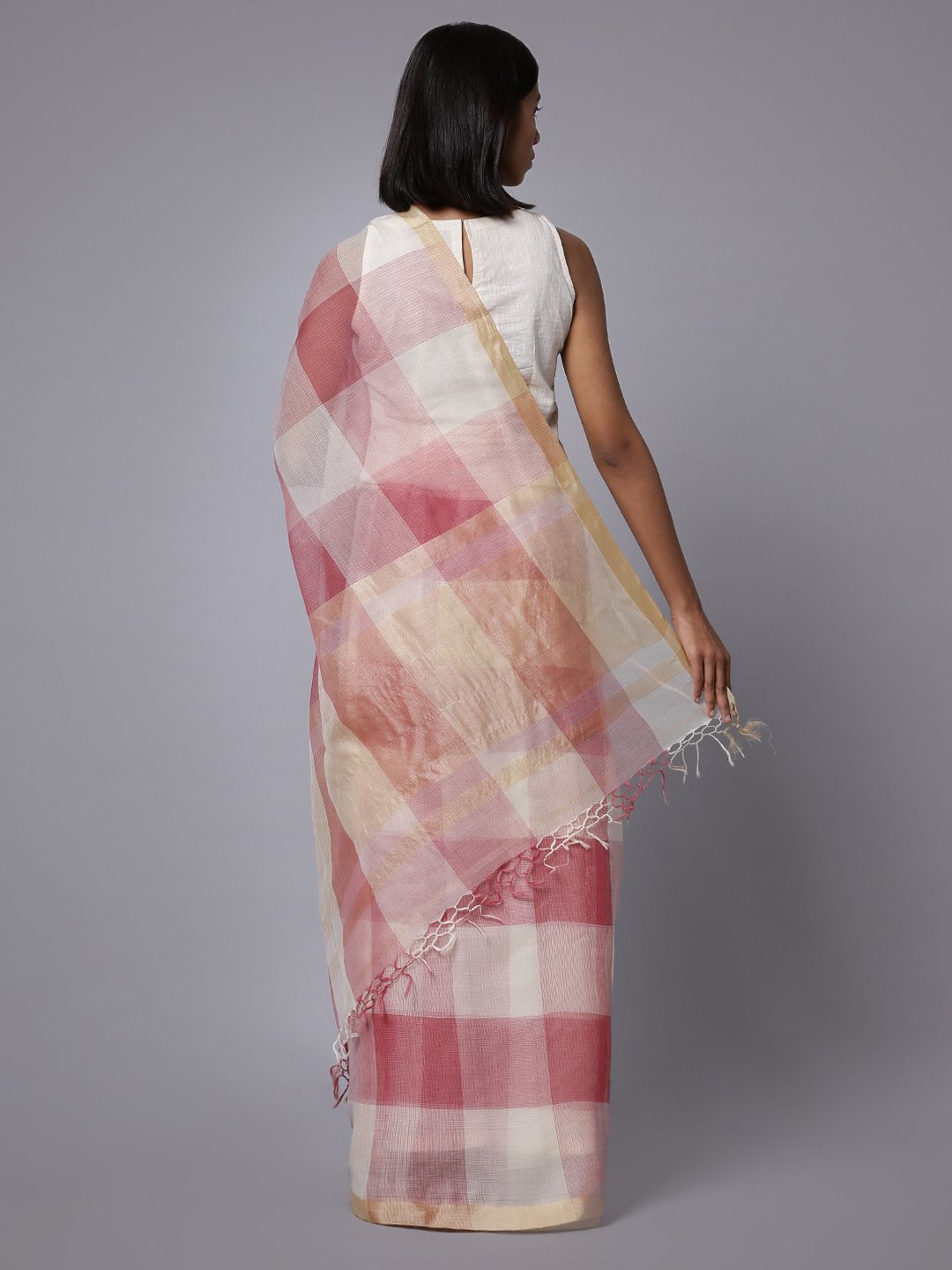 Peach white checks handloom cotton silk saree