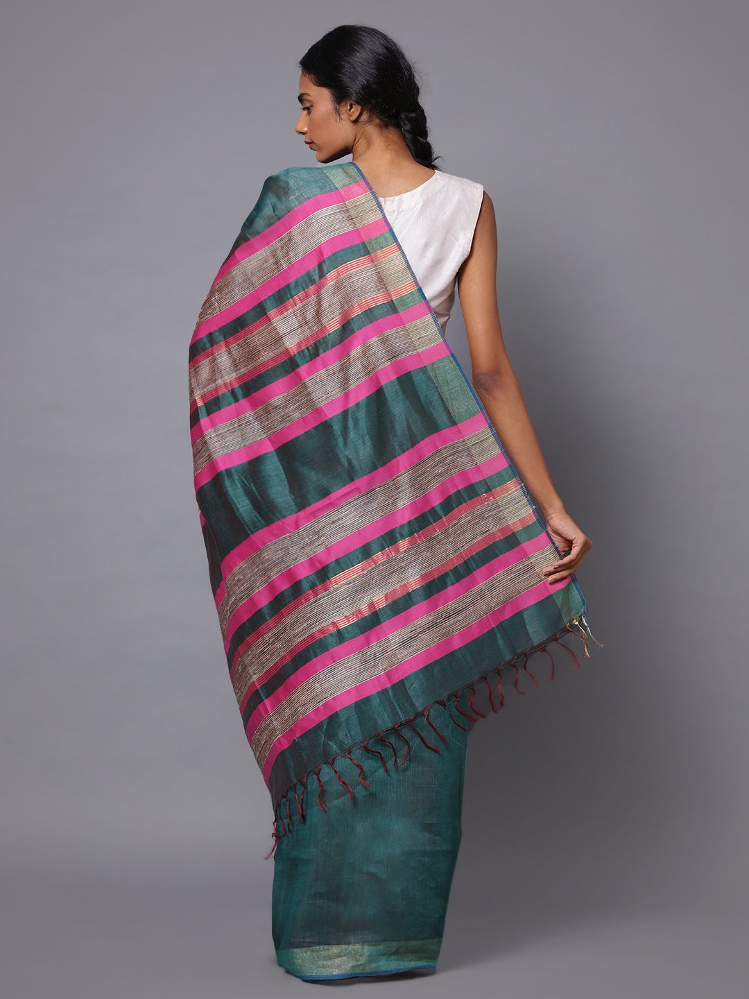 Green grey handloom tussar silk saree