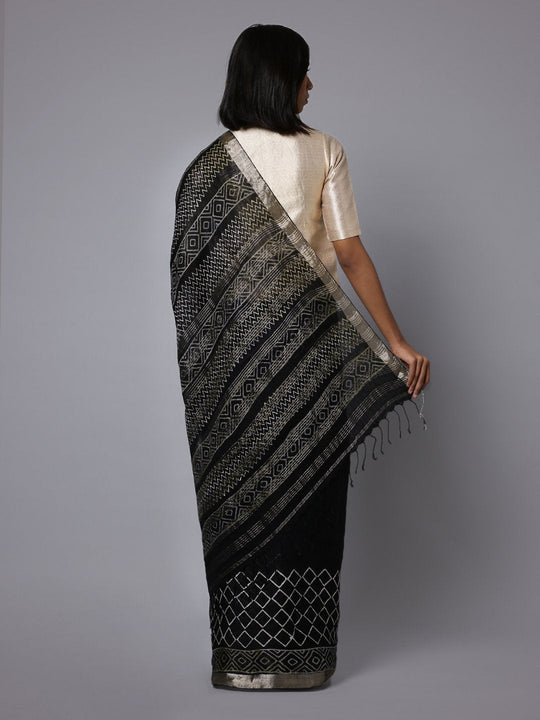 Jet black handblock print linen saree