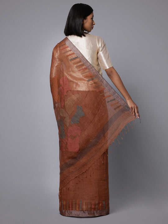 Brown jamdani linen bengal handloom saree