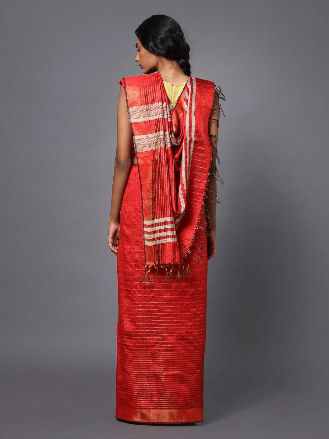 Red orange handloom tussar silk saree