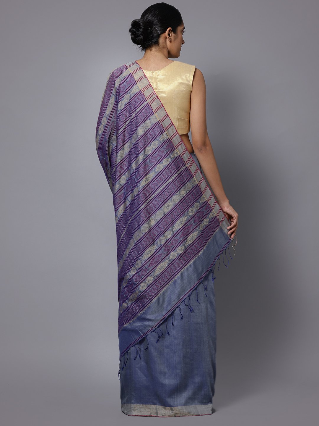Blue grey bengal handloom cotton silk saree