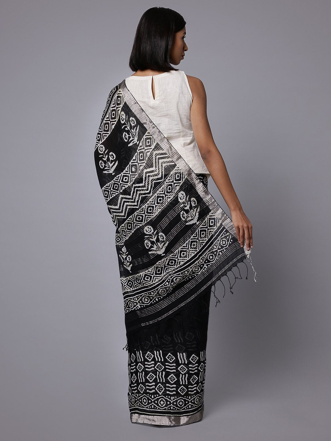 Handblock black print linen saree