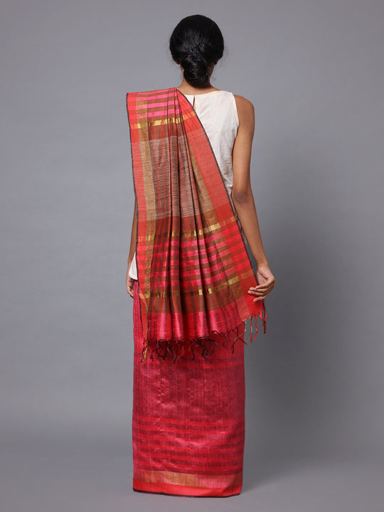 Pink red handloom tussar silk saree