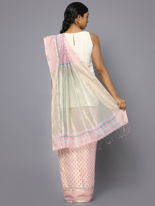 Pink silk cotton printed maheshwari saree