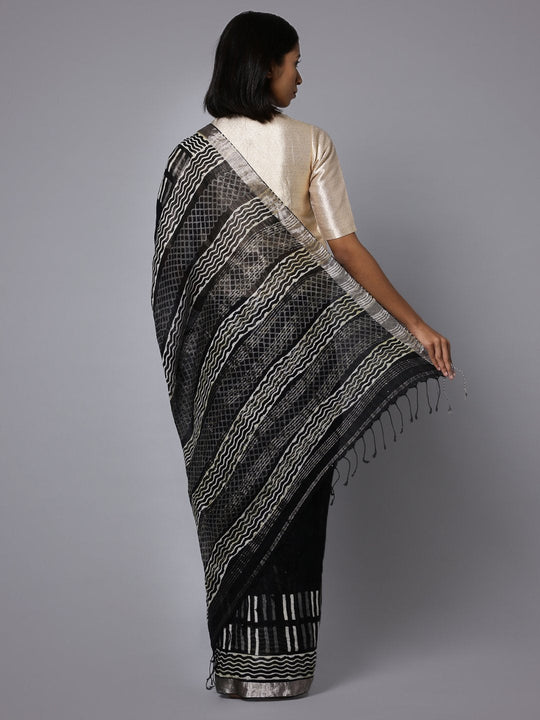 Black handblock print linen saree