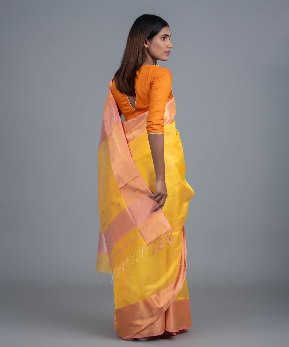 Yellow pink handwoven maheshwari cotton silk saree