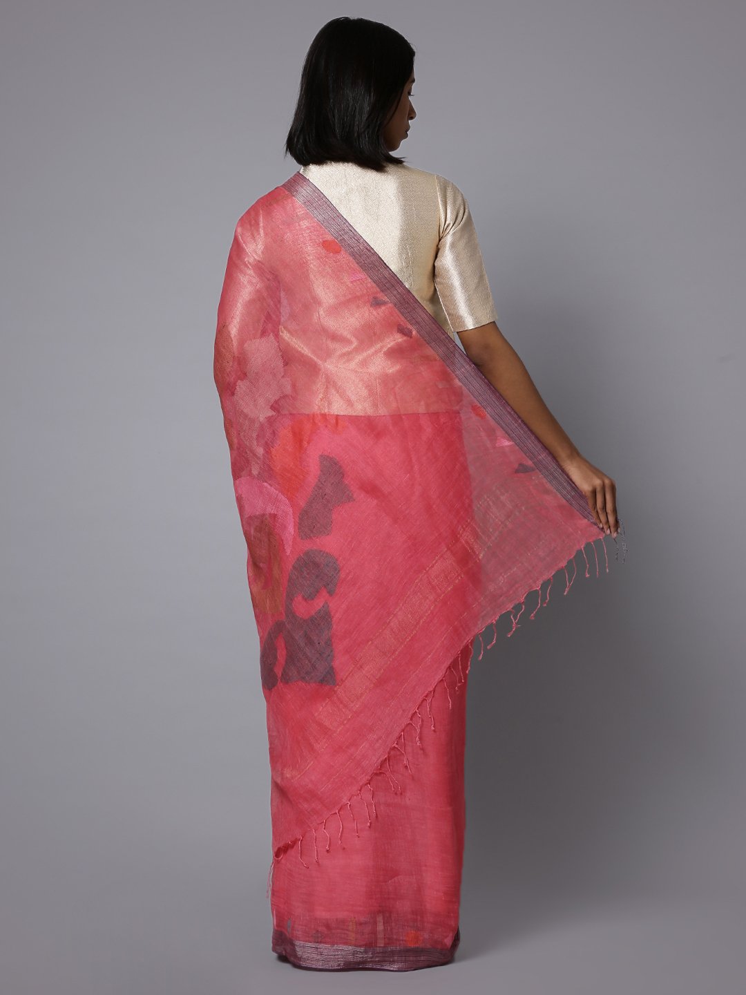 Pink jamdani linen bengal handloom saree
