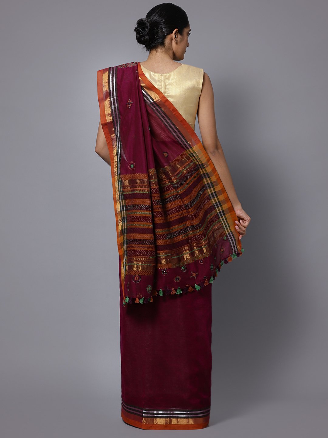 Hand embroidery magenta cotton saree