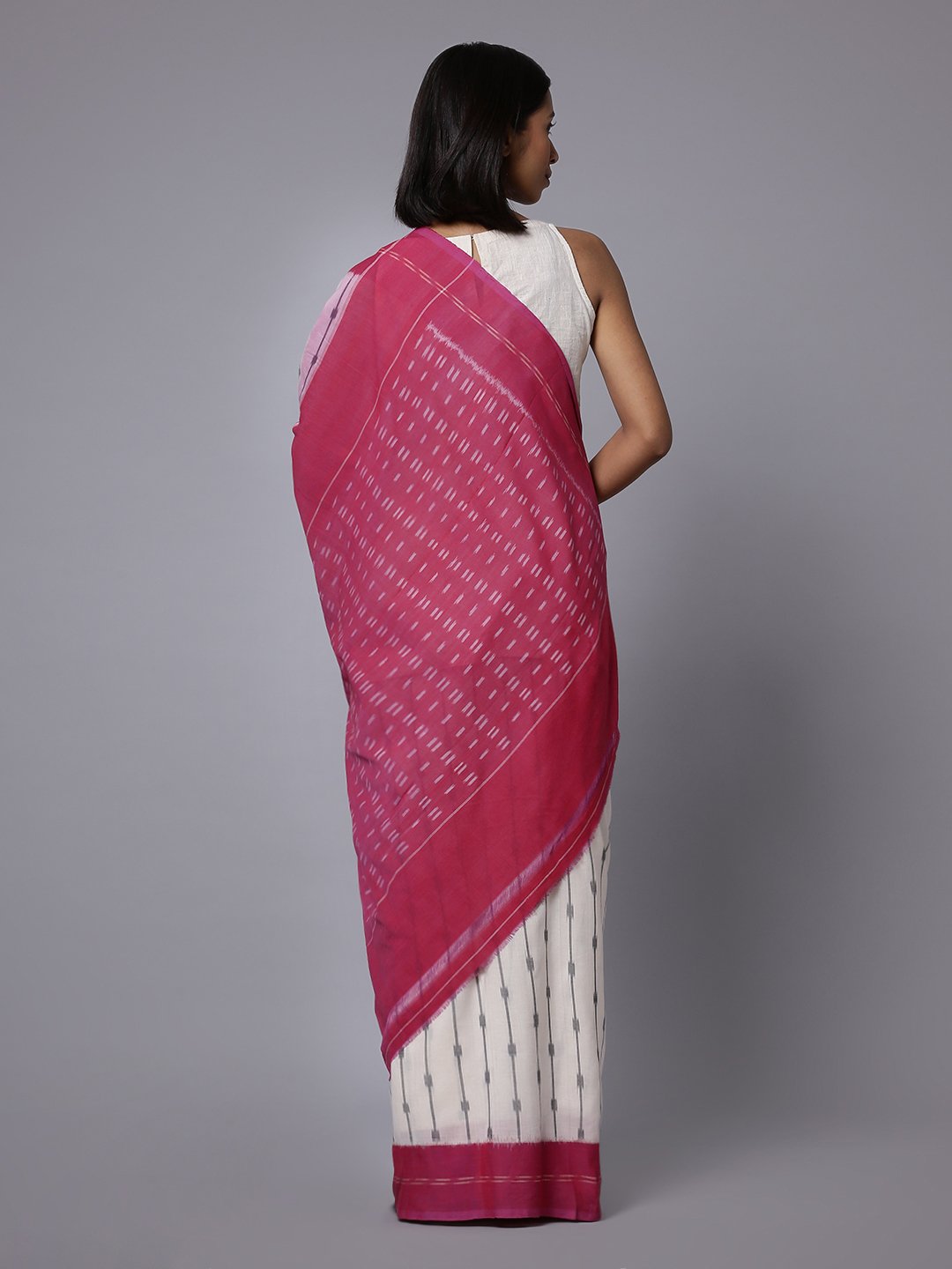 White pink ikat handloom cotton saree