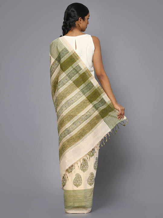 Off white & green block print cotton saree