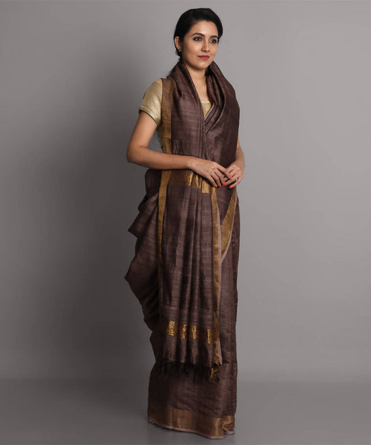 Dark brown handwoven tussar silk saree