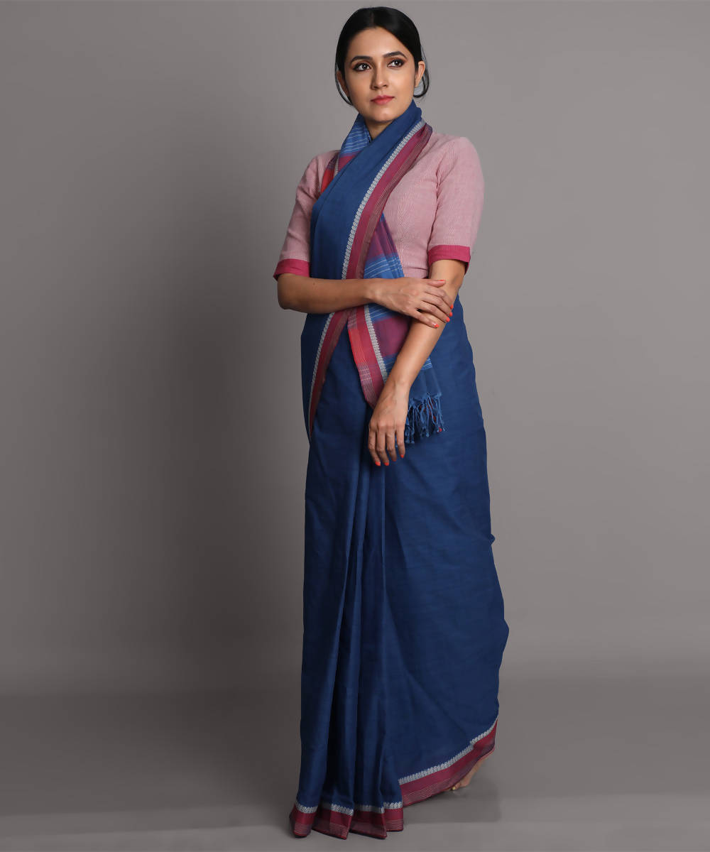 Dark blue cotton handwoven saree