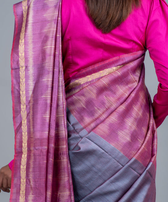 Grey mauve handwoven ikat gopalpur tussar silk saree