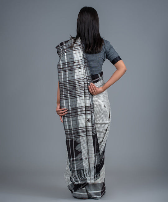 White black handwoven diamond motifs cotton kotpad saree