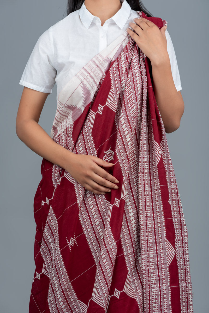 Maroon white handwoven cotton kotpad saree