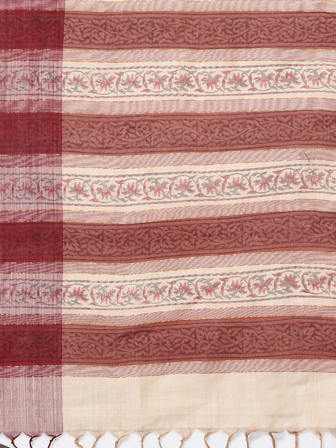 Off white & maroon block print cotton saree