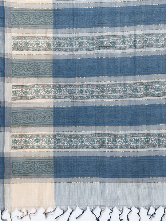 Powder blue block print cotton saree